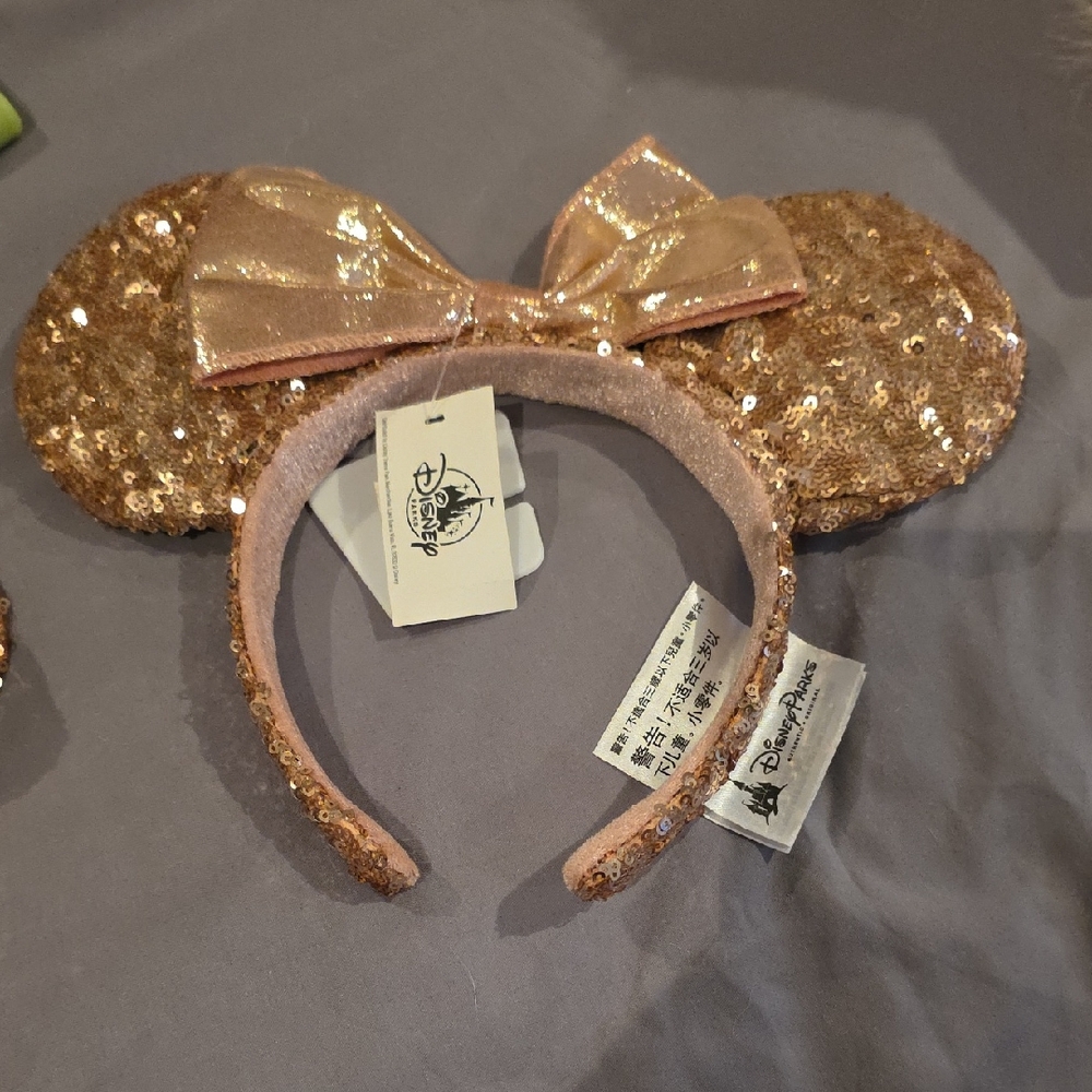 Disney Rose Gold Sequin Minnie Ear Headband with Shiny Bow